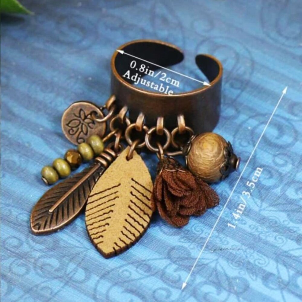 Ring. Bohemian Style Adjustable Antique Bronze Feather Tassel Bead Charms. OSFM. - Picture 8 of 10